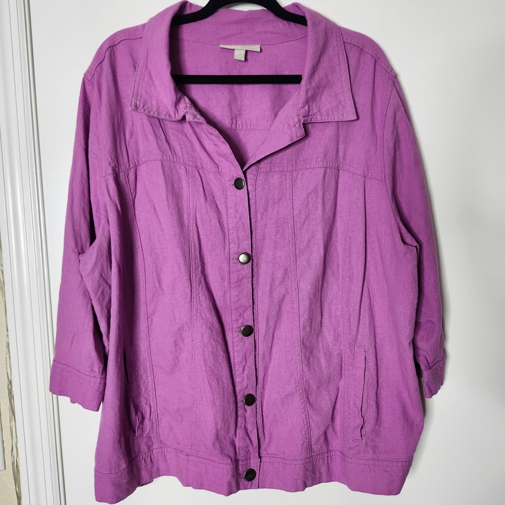Woman Within Purple Linen Blend Button Front Jacket 24W Layer Coastal Natural